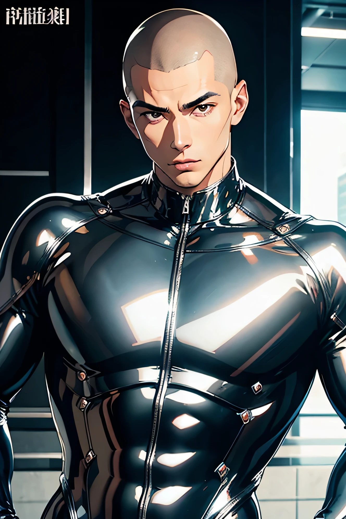 Handsome Japanese male models Black Hair Shaved head looking at the camera Shiny full-body silver suit Shiny silver latex suit future Metal Body Upper body close-up