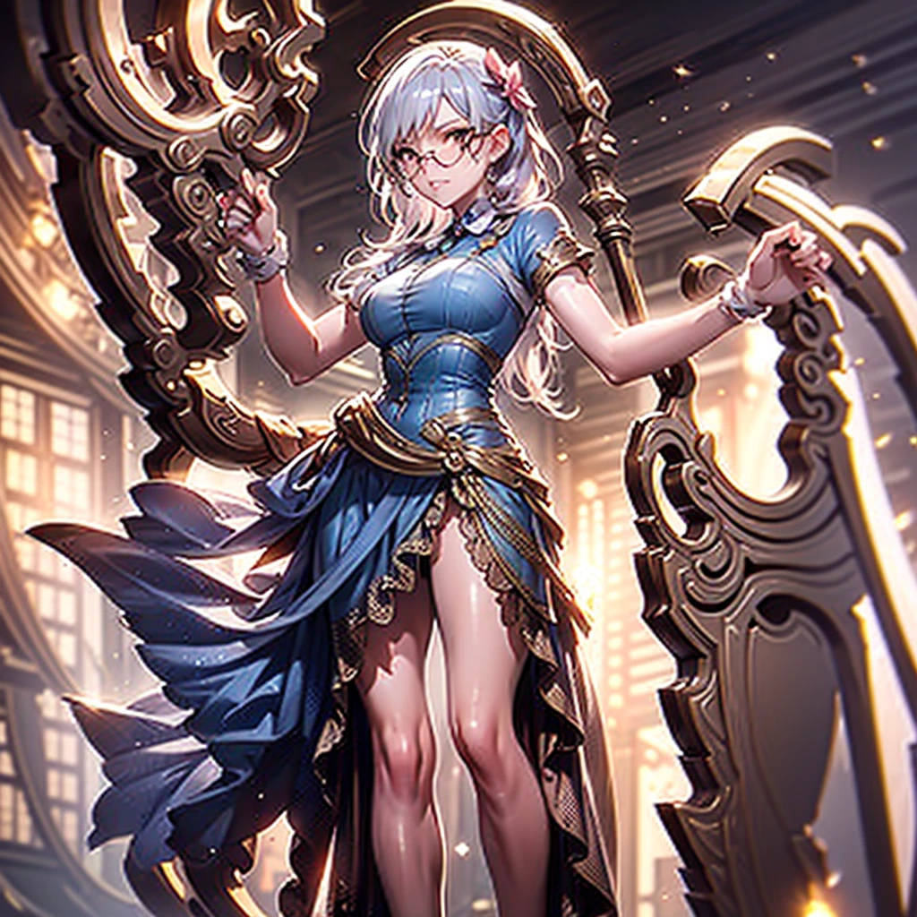 Highest quality, masterpiece, best definition, artwork, super detailed, many detailed, detailed, detailed, woman, 20 years, whole body, whole body, Night dress, super detailed dress, Long dress, dress with many Frills, dress with many ribbons, pink bows, Victorian dress, detailed Victorian dress, Victorian dress with bows, pink, Frills, Perfect Skin, whole body,Glasses