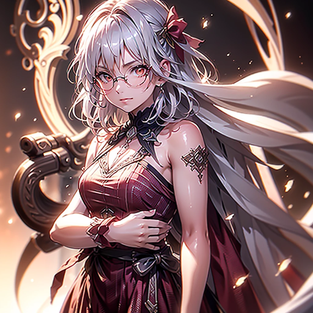 Highest quality, masterpiece, best definition, artwork, super detailed, many detailed, detailed, detailed, woman, 20 years, whole body, whole body, Night dress, super detailed dress, Long dress, dress with many Frills, dress with many ribbons, pink bows, Victorian dress, detailed Victorian dress, Victorian dress with bows, pink, Frills, Perfect Skin, whole body,Glasses