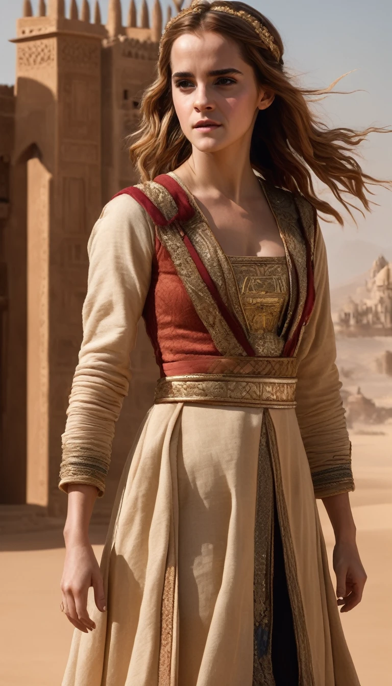 Emma Watson, Long Hair:2.0, Masterpiece, full body shot, , little desert princess, she stands feisty supported by her arms akimbo, makes a menacing face, wearing light royal tunic with rich embellishments, RAW, 8K, ultra high resolution, photorealistic, UHD, RAW, desert palace in background