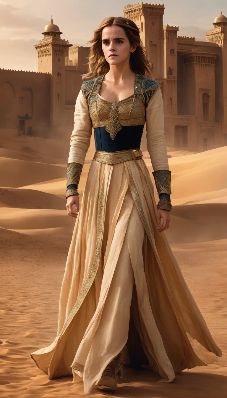 Emma Watson, Long Hair:2.0, Masterpiece, full body shot, , little desert princess, she stands feisty supported by her arms akimbo, makes a menacing face, wearing light royal tunic with rich embellishments, RAW, 8K, ultra high resolution, photorealistic, UHD, RAW, desert palace in background
