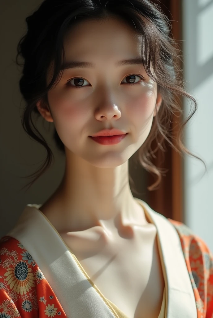 An elegantly dressed Japanese woman in natural light、A close-up of her chest and calm expression.、It shows her inner peace and outer charm.。