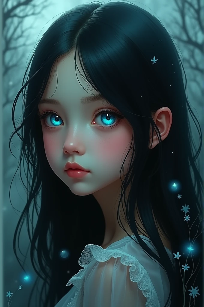 Create a girl with black hair and blue eyes