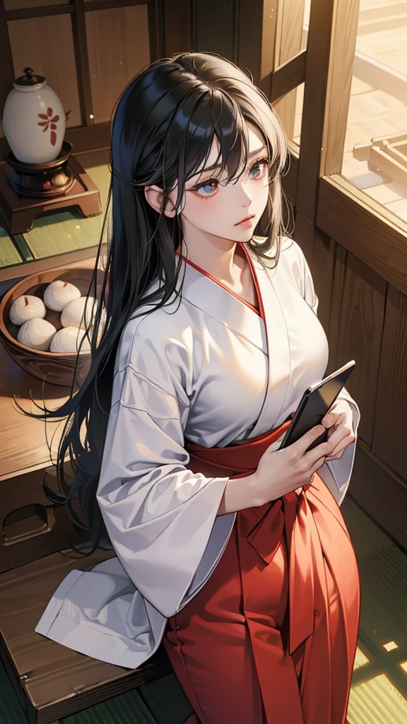 (perfect anatomy:1.2)(absurdres, highres, ultra detailed),masterpiece,best quality,high resolution,8k,Realistic face,Realistic skin texture,magnified textures, stunning clarity,detailed anime girl,(ultra detailed eyes and face),15 years old,black long hair pale skin,Japanese shrine maiden, mysterious eyes,shrine maiden clothes,(white kimono),(red hakama:1.1) thin body type,big breasts,small ass,(playing a smartphone game with hands:1.5)(,gazing a smarphone),expressionless,in the shrine,(seiza) (zabuton),(chabudai),tatami room,shoji lamp,engawa,(looking to a smartphone),,afternoon,cowboy shot,serene pose,Japanese garden,(Green sun)