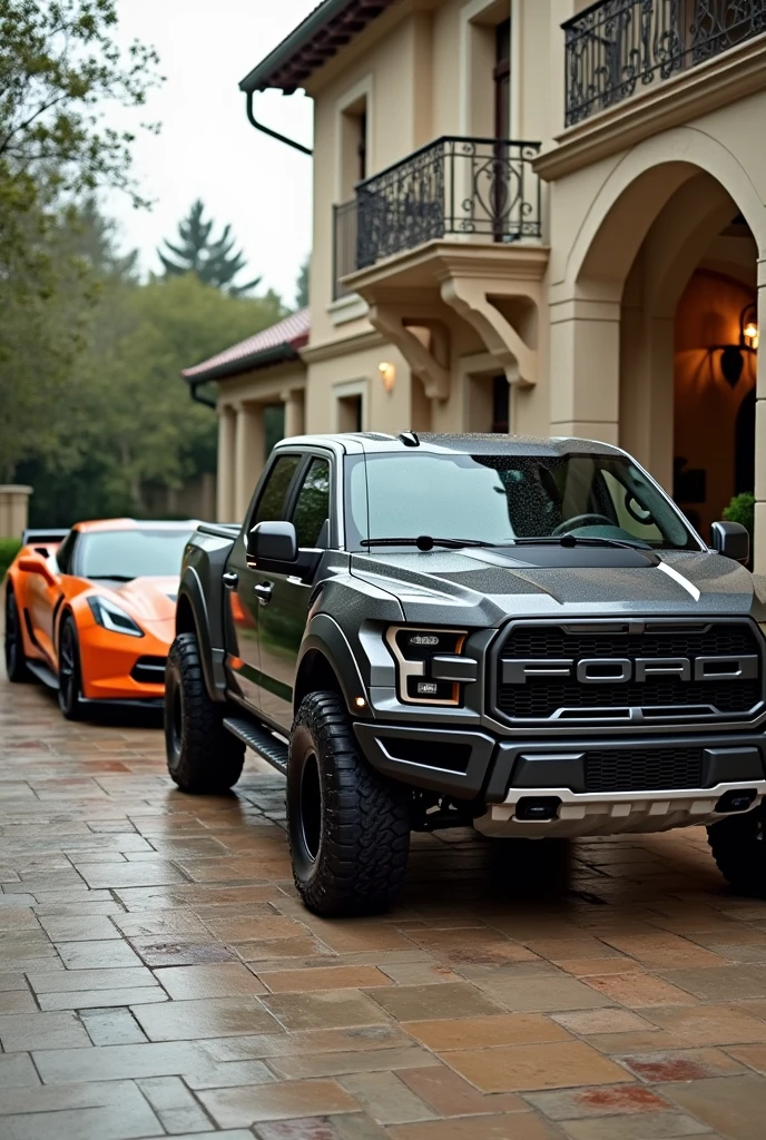 Photo of a gray Ford Raptor and an orange Corvette in a mansion with armed Mexican hitmen