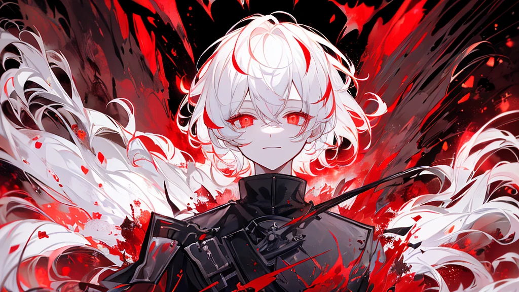 Highest quality, Ultra high definition, Very fine grain, Detailed face, Male face, boy, Short white hair, ((red glowing eyes:1.4)), (Bleeding), Gothic static background with blood spreading, He is wearing a blood-stained white jacket., his smile is creepy, dark, dark--Niji:5--Gothic Film Lighting--Paramount and Witt Studios