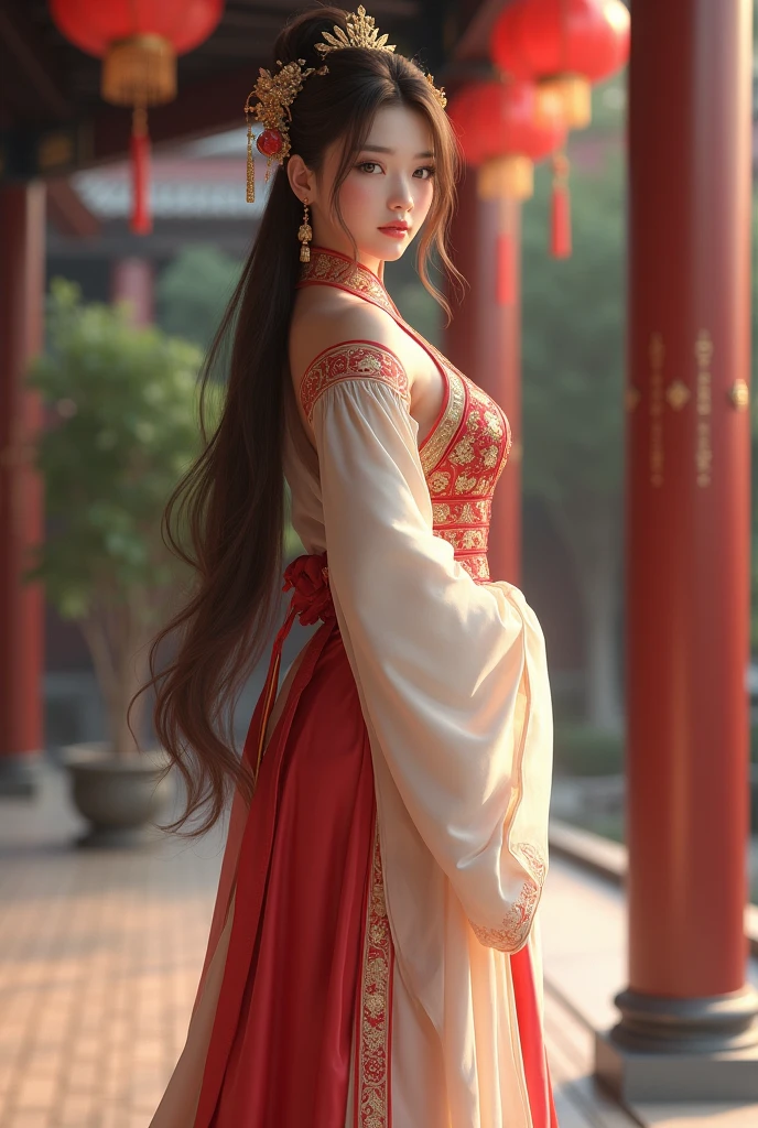 Young woman,Twenty-five years old, Beautiful face, long brown hair, Wearing ancient Chinese clothing, Big chest, Thin waist, Big butt, Patio, 3D realistic style