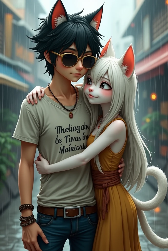 "Anthropomorphic cat characters, featuring 1boy and 1girl, with the boy wearing a t-shirt with writing, jeans, a belt, and bracelets, and the girl with long hair, closed eyes, and hugging the boy. Both have white fur, large expressive eyes, and human-like physiques. The male cat has black hair, wears a necklace, and sunglasses, while the female cat is in a traditional outfit, holding the male in a loving embrace. The scene is set in the rain, with realistic details like wet clothing and a dramatic, emotional atmosphere, blending realism with a whimsical, cartoon-like twist."