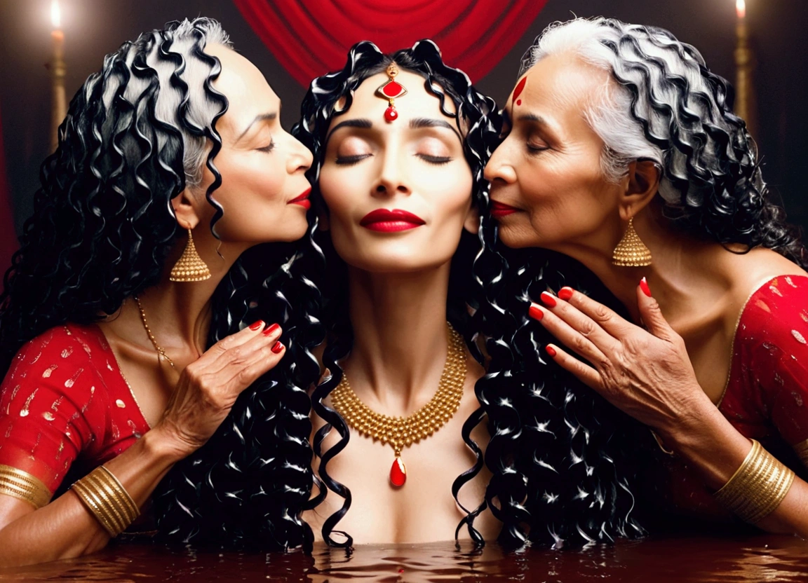 in bright light flooded wedding bed,3 eldery indian ladies in red wedding attrie,black 3c curly hairs,like rapunzel noodles,Flooded with 100 liters of oil over thier hair,hairs like oil pulp,hairlines are all together till the end,kissing scalp keeping tongues out,red lipsstick,ladies hairs stictly use exact as per image prompt,ladies faces strictly use exact as per inmage prompt,