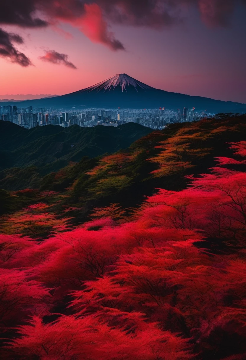 Mountains in Japan々Dusk of、The sky turned red at sunset、Black Cloud、It&#39;s autumn and the mountain leaves are shining redder.、Blood dripping sun、Images of fear、A composition that makes you feel scared、The greatness of the mountains、awe、Refuse everything、masterpiece、Thick brush strokes、Rough quality、High definition、