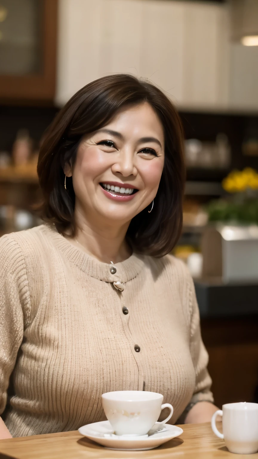 8k wallpaper, masterpiece, Highest quality, Very detailed, One Mature Woman, 50 years old, Become very clear, Wearing a short-sleeved knit, Skin dents, Captivating smile, Looking at the audience, No lapel microphone, Plump, Curvaceous, Attractive face, Smiling with teeth showing, I was happy, sitting in a cafe, Background Blur