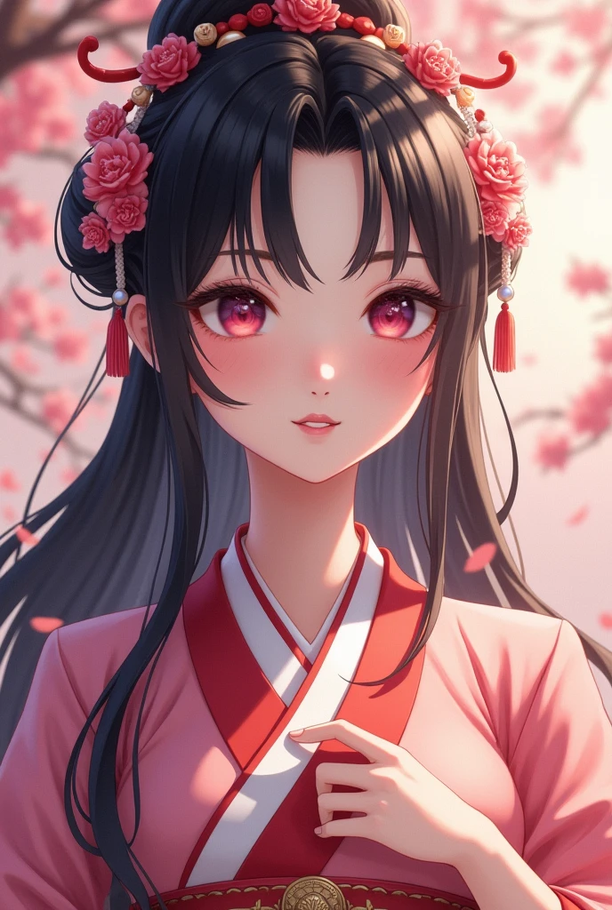 (((tmasterpiece, Best quality, Ultra-high resolution, CG unified 8K wallpaper, Best quality at best, ultra - detailed, ultra HD picture quality))), 1 girl, cabelos preto e longos, game fairy, peach blossom decoration, Hanfu, yarn, flowing gauze, jewely, ((Colorful)), Nice face, beautidful eyes, Beautiful hairstyle, Beautiful costumes, Structurally sound