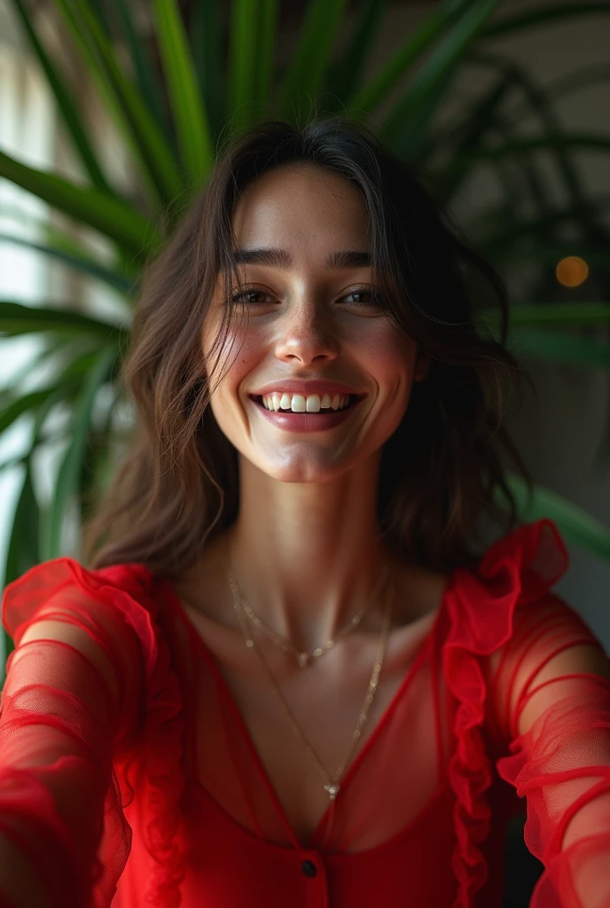 cinematic photo long shot, full body, cinematic photo Jean-Michel Basquiat style (by Jean Michel Basquiat, a girl (Rachel Cook Model, detailed skin. sadistic smile)), cinematic lighting, 8k, epic scene, hyper realistic, focused, high details, unreal engine 5, cinematic, Controversial composition, Chaotic composition, volumetric lighting, HDR,by antonio j. manzanedo, style of mohrbacher, amano, satoshi kon, brian sum ,exposure blend, bokeh, cinematic look, rim light, soothing tones, hyperdetailed, low contrast, soft cinematic light, dim colors, faded, fujifilm, hyperrealism, sharp . Neo-expressionist, graffiti, crown, vibrant, "Photorealism, DOF, (She cries with joy, tears from her eyes) . 35mm photograph, film, bokeh, professional, 4k, highly detailed, 35mm photograph, film, bokeh, professional, 4k, highly detailed , perfect eye, in slim red transparentdress lying in a chair ,full body, beautiful lady, topless body, big breast, She has dark chocolate eyes. she has very accentuated natural eyelashes.Her face is natural. She is ultrareal.She should have a lot of freckles on her face. She is natural.She is photoshooting. She is a model and are posing. She has slim and fit body. In the background is white furnitue.she wear silk dress.in the background are big green leaf of the palm.She is doing selfie for instagram post. She is selfie. Selfie and selfietok. Selfieing herself. Best quality! She is ai influencer on instagram.best selfie.her body is fit.