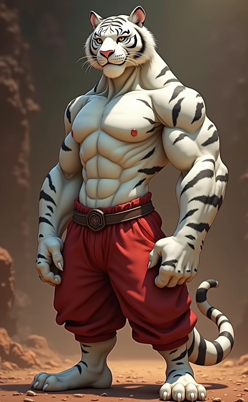 White Tiger from Kung Fu Panda Paws of Destiny series, handsome, tall, slender, extremely beautiful face, muscular body, gentle look, six pack abs, hot, red pants with brown belt