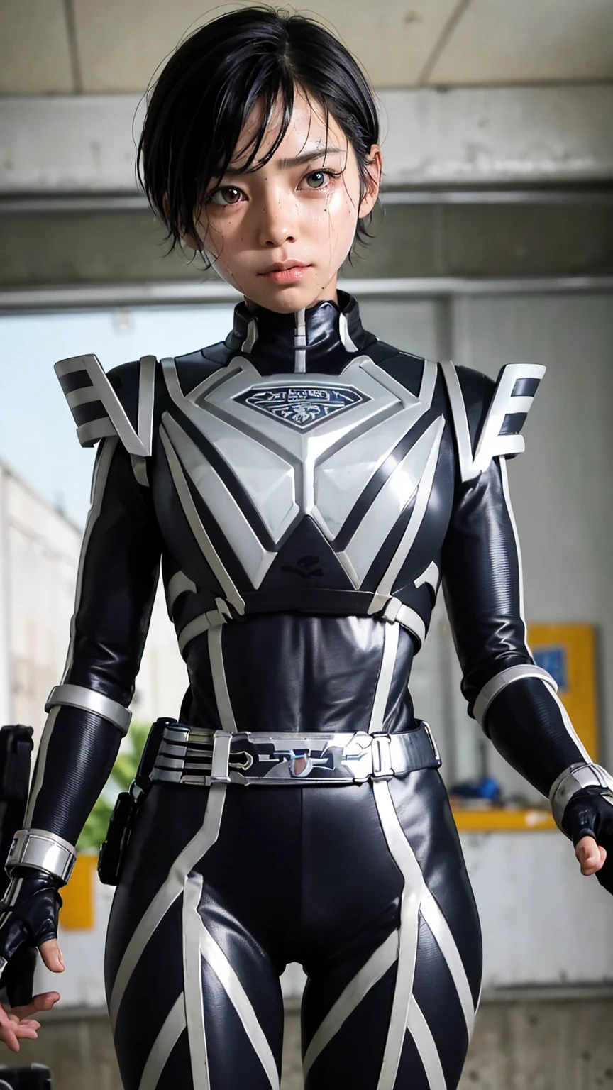 Highest quality　8k Cyborg Suit Girl　Heavy Armor　　Elementary school girl　Sweaty face　cute　Boyish short hair　Very short hair　Steam coming out of my head　My hair is wet with sweat　Black Hair　Broken and unable to move　　Lying down　Soaked Face　My crotch is wet