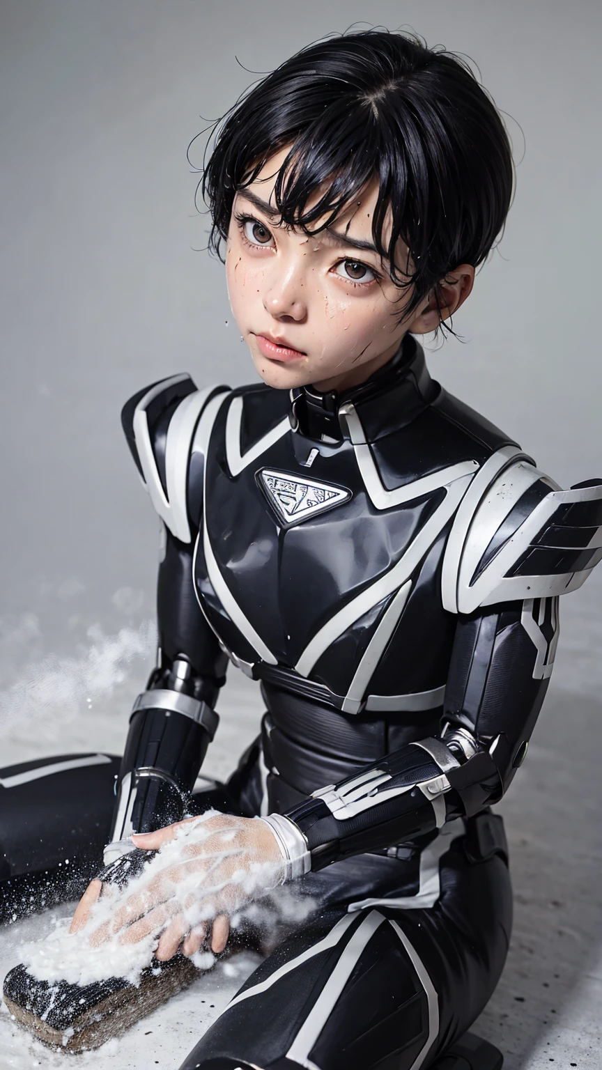 Highest quality　8k Cyborg Suit Girl　Heavy Armor　　Elementary school girl　Sweaty face　cute　Boyish short hair　Very short hair　Steam coming out of my head　My hair is wet with sweat　Black Hair　Broken and unable to move　　Lying down　Soaked Face　My crotch is wet