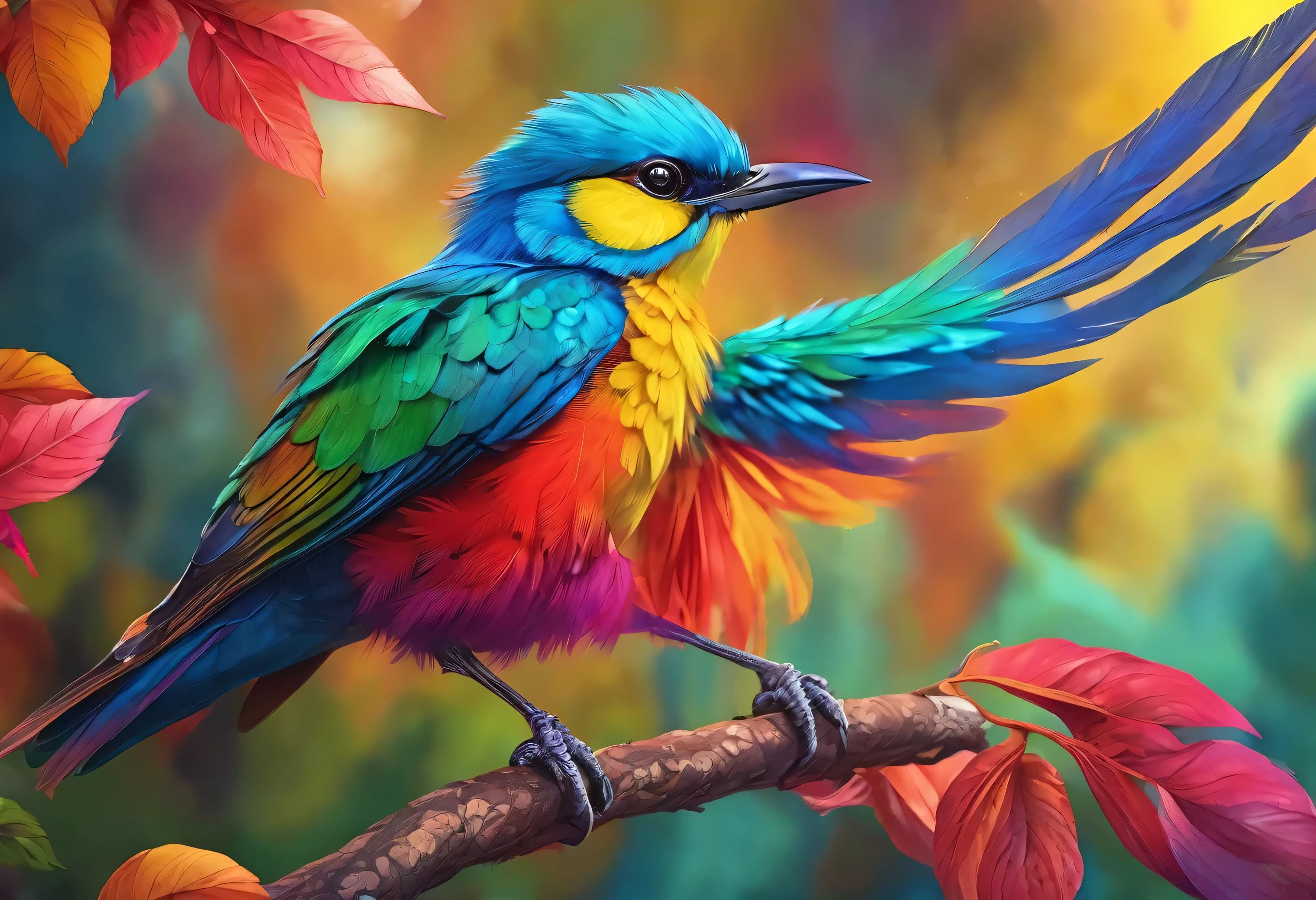 A brightly colored bird perched on a branch with leaves in the background, Digital painting inspired by Charles Bird King, Shutterstock, Fantasy art, Colorful 8 k, Colorful HD images, Beautiful and colorful, Long colorful bird, Beautiful colorful, Multicolored birds, Vibrant and realistic colors, Colorful 4K, Beautiful and vibrant colors, Colorful feathers, Highly detailed digital art in 4K