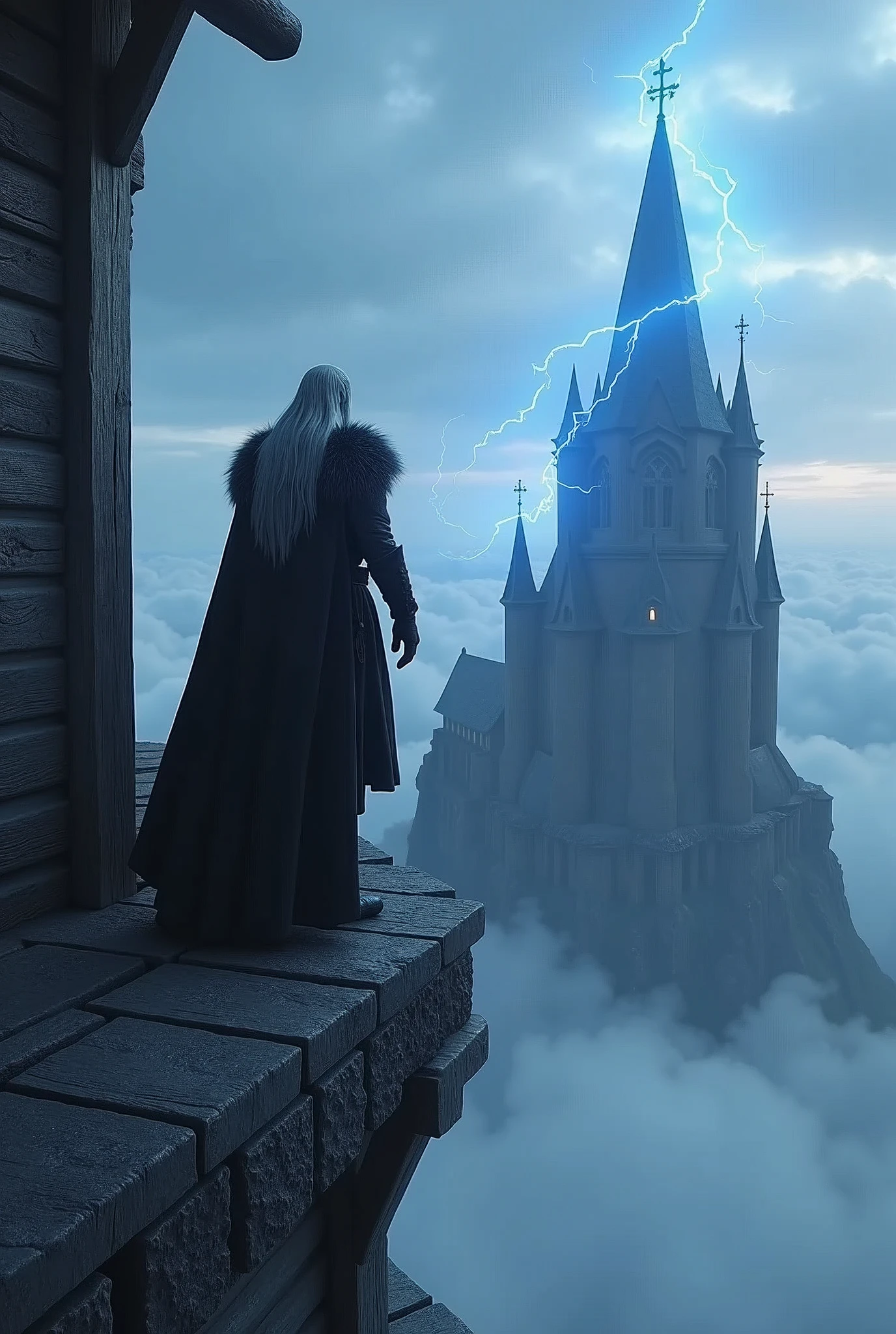 A very strong and tall Viking warrior in black outfit who is standing at the edge of a extremely high balcony of a Viking stave church. He is overlooking another tall blacksmith hammer-shaped Viking stave church below, over the clouds. He has very long hair. Blue lightning, very long hair, final fantasy character. Unreal Engine, Vue 6