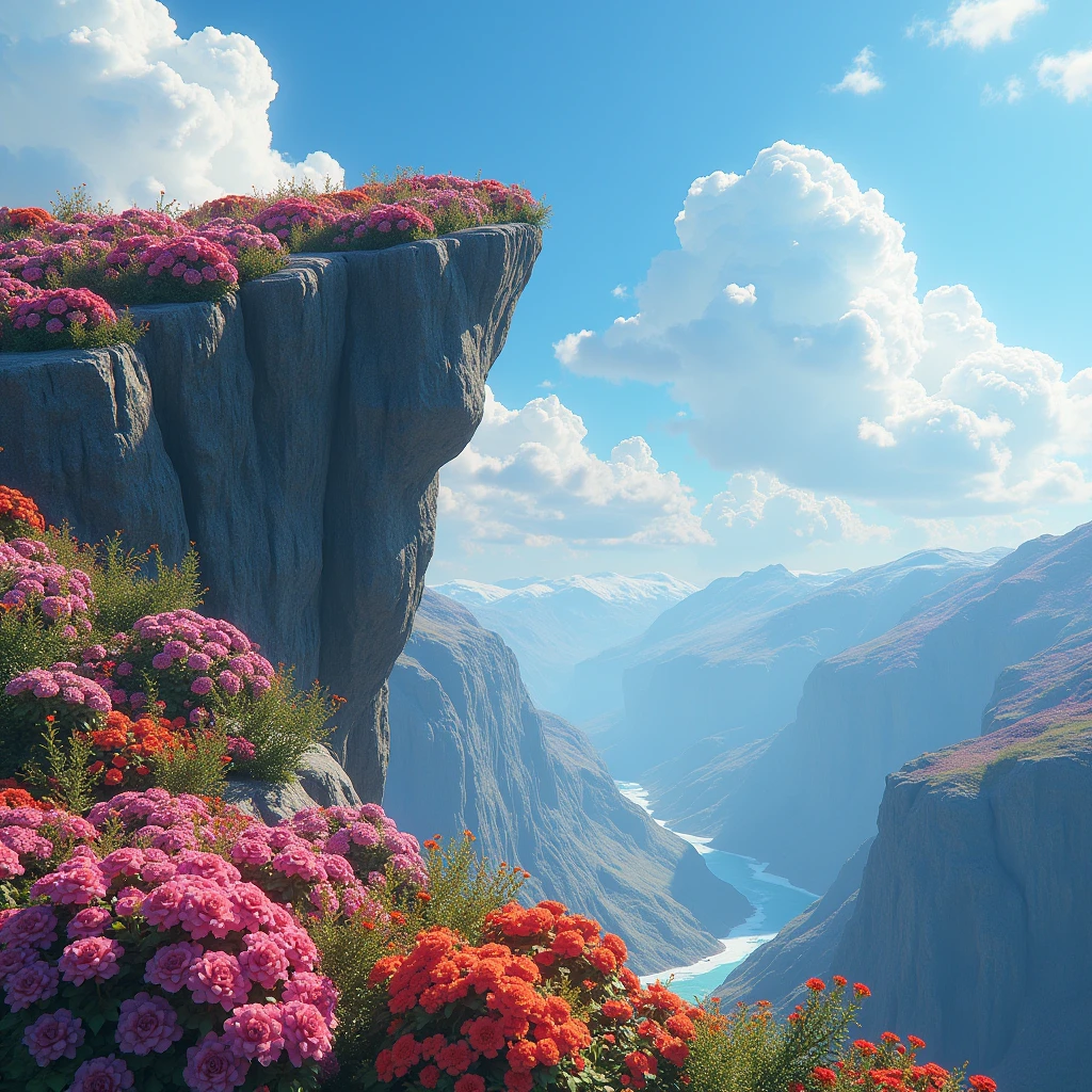 a cliff many flowers, colorful flowers, beautiful sky, matte painting 8k, matte paint 8K, vertical wallpaper 8K, vertical wallpaper 8K, vertical wallpaper 4K, vertical wallpaper 4K, lost series, realistic fantasy rendering, digital painting with 8K resolution, digital painting with 8K resolution, Jessica Rossier fantasy art, 4K rendered matte painting,  matte paint rendered in 3D  