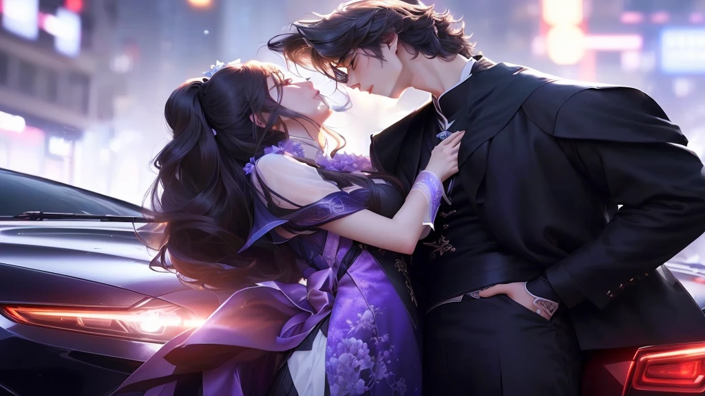 Picture of a couple kissing in front of a car, Popular on cgstation, Popular on cgstation内容, Elegant digital art, author：unbelievable, author：Yang J, Inspired by Zhang Han, Cute couple, xianxia fantasy, Inspired by Huang Gongwang, cai xukun, Li Song, smooth _ Background