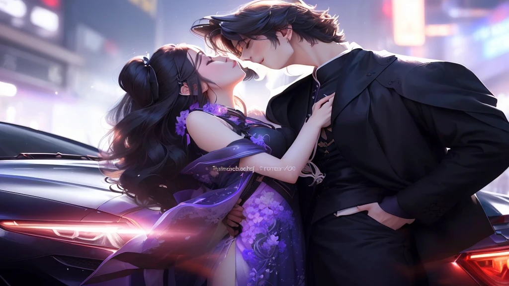 Picture of a couple kissing in front of a car, Popular on cgstation, Popular on cgstation内容, Elegant digital art, author:unbelievable, author:Yang J, Inspired by Zhang Han, Cute couple, xianxia fantasy, Inspired by Huang Gongwang, cai xukun, Li Song, smooth _ Background