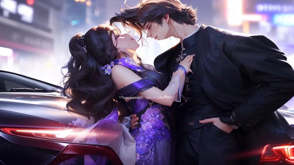 Picture of a couple kissing in front of a car, Popular on cgstation, Popular on cgstation内容, Elegant digital art, author：unbelievable, author：Yang J, Inspired by Zhang Han, Cute couple, xianxia fantasy, Inspired by Huang Gongwang, cai xukun, Li Song, smooth _ Background