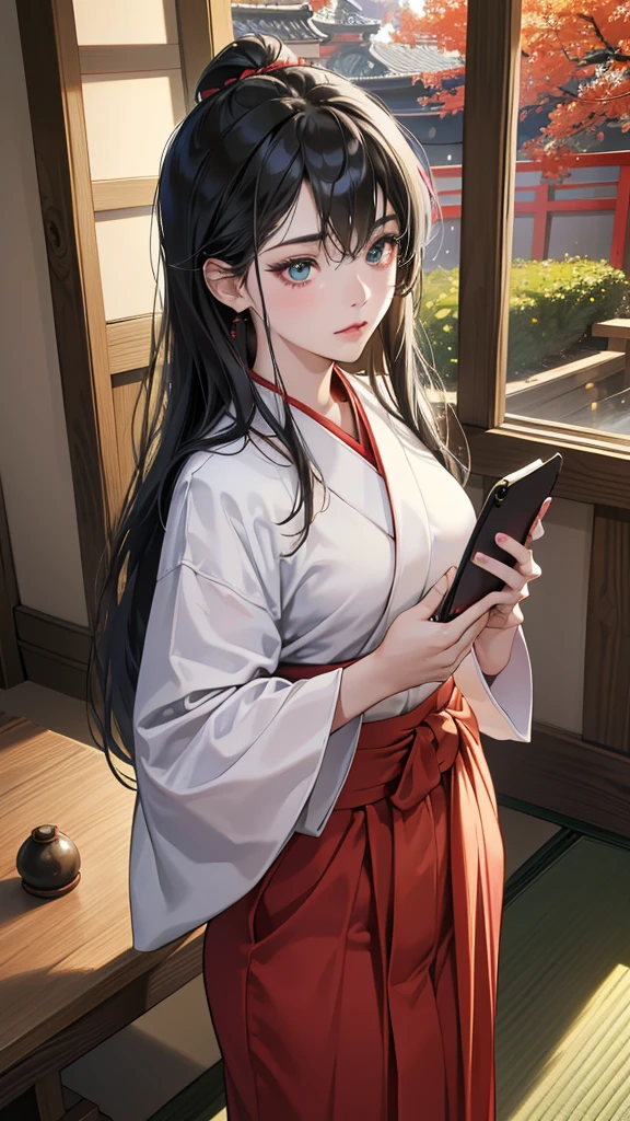 perfect anatomy:1.2)(absurdres, highres, ultra detailed),masterpiece,best quality,high resolution,8k,Realistic face,Realistic skin texture,magnified textures, stunning clarity,detailed anime girl,(ultra detailed eyes and face),15 years old,black long hair pale skin,Japanese shrine maiden, mysterious eyes,shrine maiden clothes,(white kimono),(red hakama:1.1) thin body type,big breasts,small ass,(playing a smartphone game with hands:1.5)(,gazing a smarphone),expressionless,in the shrine,(seiza) (zabuton),(chabudai),tatami room,shoji lamp,engawa,(looking to a smartphone),,afternoon,cowboy shot,serene pose,Japanese garden,(Green sun)