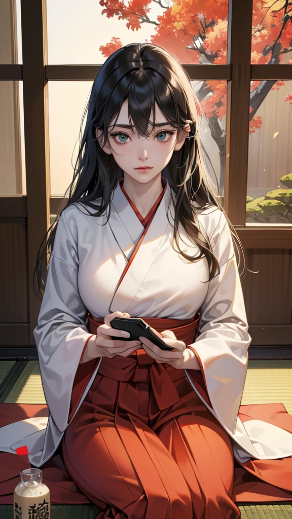 perfect anatomy:1.2)(absurdres, highres, ultra detailed),masterpiece,best quality,high resolution,8k,Realistic face,Realistic skin texture,magnified textures, stunning clarity,detailed anime girl,(ultra detailed eyes and face),15 years old,black long hair pale skin,Japanese shrine maiden, mysterious eyes,shrine maiden clothes,(white kimono),(red hakama:1.1) thin body type,big breasts,small ass,(playing a smartphone game with hands:1.5)(,gazing a smarphone),expressionless,in the shrine,(seiza) (zabuton),(chabudai),tatami room,shoji lamp,engawa,(looking to a smartphone),,afternoon,cowboy shot,serene pose,Japanese garden,(Green sun)