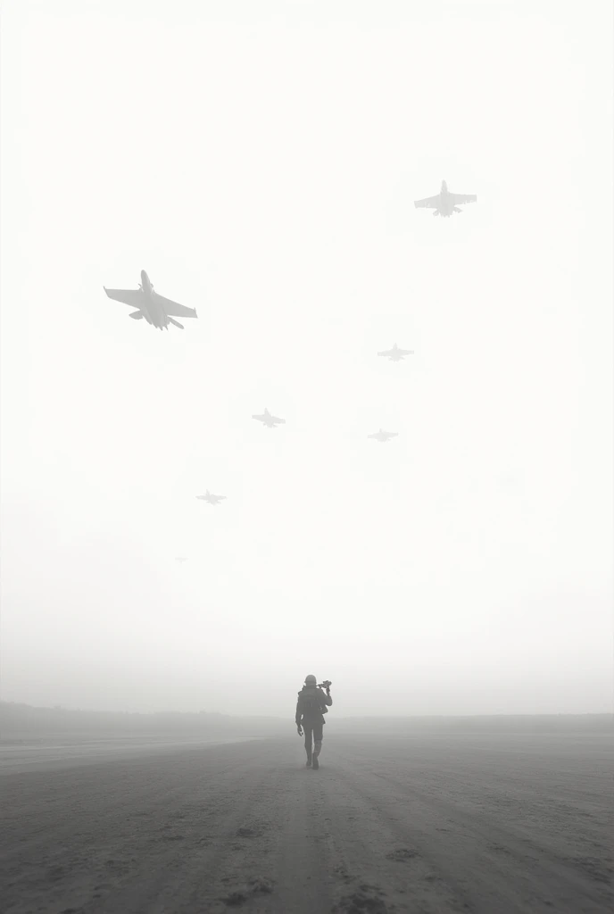 A picture of battle field where fighter aircrafts are flying and those are seen from ground view,but battle ground is vacant  and no man or weapon with white sky... But view is from ground landscape soil ground view