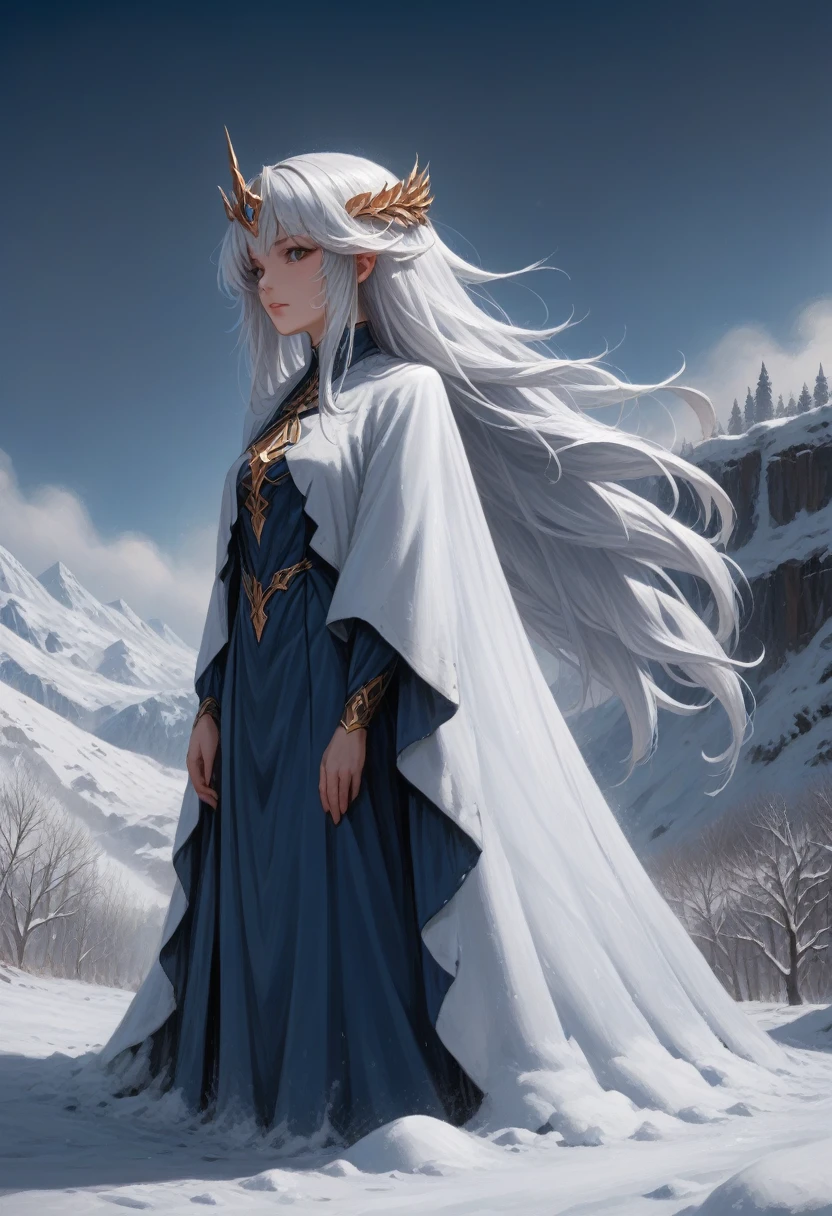 Anime girl with long white hair and blue dress in the snow, white-haired deity, white hair floating in the air, Anime fantasy illustration, Loose white hair, beautiful young spirit of the wind, beautiful fantasy anime, glowing flowing hair, Ethereal anime, beautiful anime works, beautiful digital images, anime fantasy artwork, ((fair empress fantasy)), 2. 5 d cgi anime fantasy artwork,cinematic film still,score_9,score_8_up,score_7_up,masterpiece,best quality,8k,source_cartoon,source_アニメ,Shine