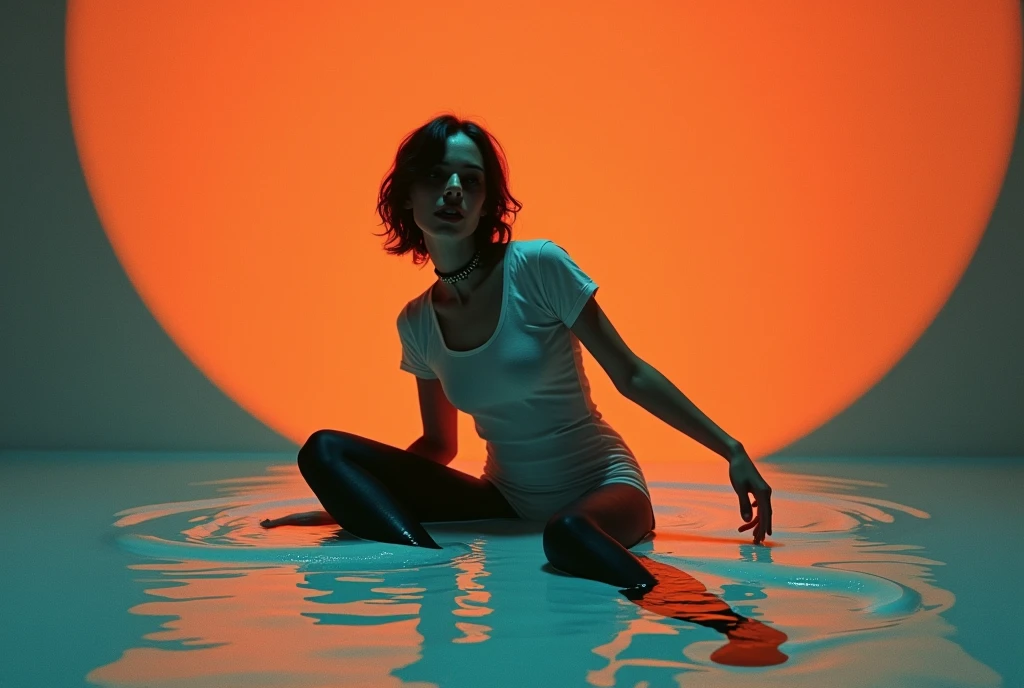 70s setting, grainy analog film, abstract art, minimalistic, silhouette, artwork, conceptual, drama, indulges in fetish, black stockings, vintage, t-shirt, slave collar, drowned in slime, fallen, orange blue, black, void
