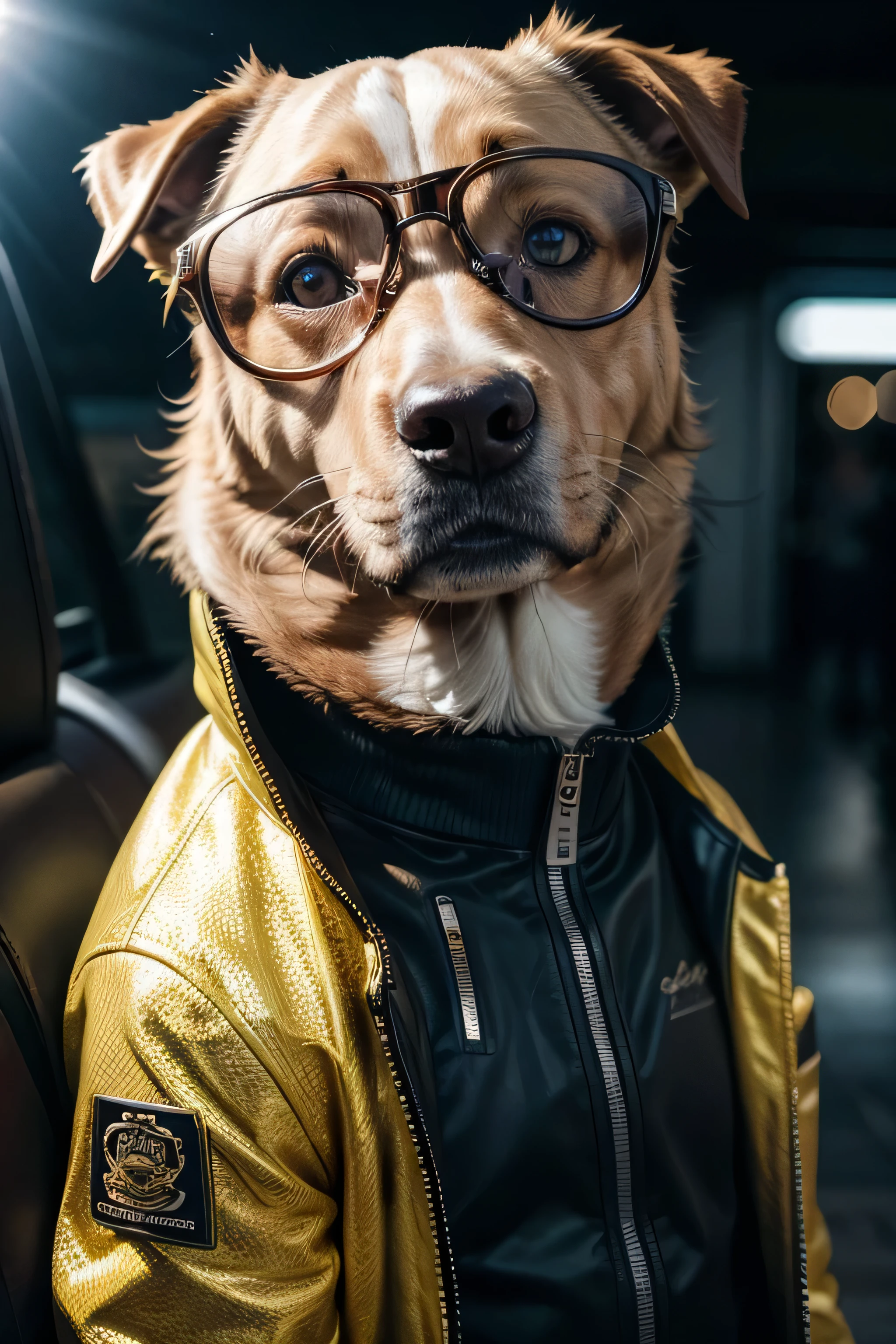 a dog wearing stylish glasses and a fashionable jacket, photorealistic, 8k, highly detailed, intricate details, realistic textures, vivid colors, dramatic lighting, cinematic composition, award winning photography