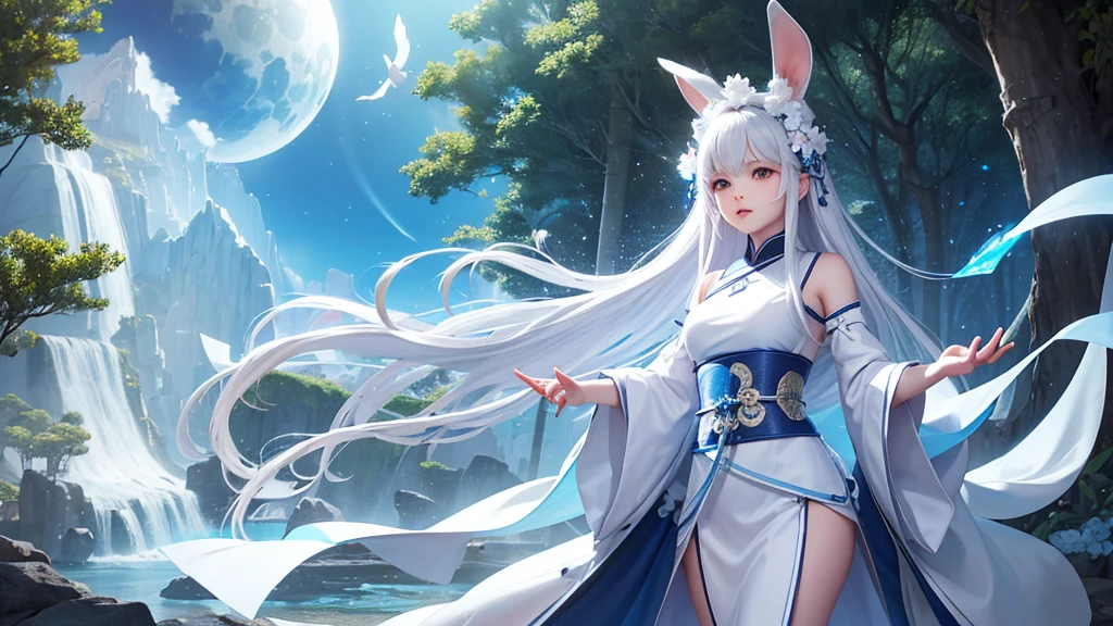 Silvery white sand,A girl in white ancient Chinese clothing,Black long hair,Standing,and a white rabbit in blue ancient costume,Rabbit carrying a bamboo basket,Standing,Surrounded by laurel trees like crystal,The sky is deep blue,Night Sky,