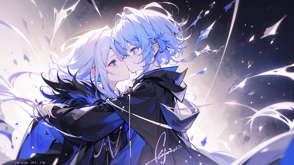 (Wide Wide Shot, Vision), (1 boy, 1 ),couple,((Upper body)), Piercing blue eyes,Sharp pupils,white spiky hair,he is wearing a black noble robe,I hug and kiss my beloved wife intimately.((41 year old face))