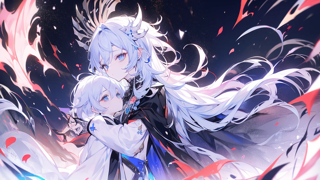 (Wide Wide Shot, Vision), (1 boy, 1 )，couple，((Upper body)), Piercing blue eyes，Sharp pupils，white spiky hair，he is wearing a black noble robe，I hug and kiss my beloved wife intimately.（（41 year old face））