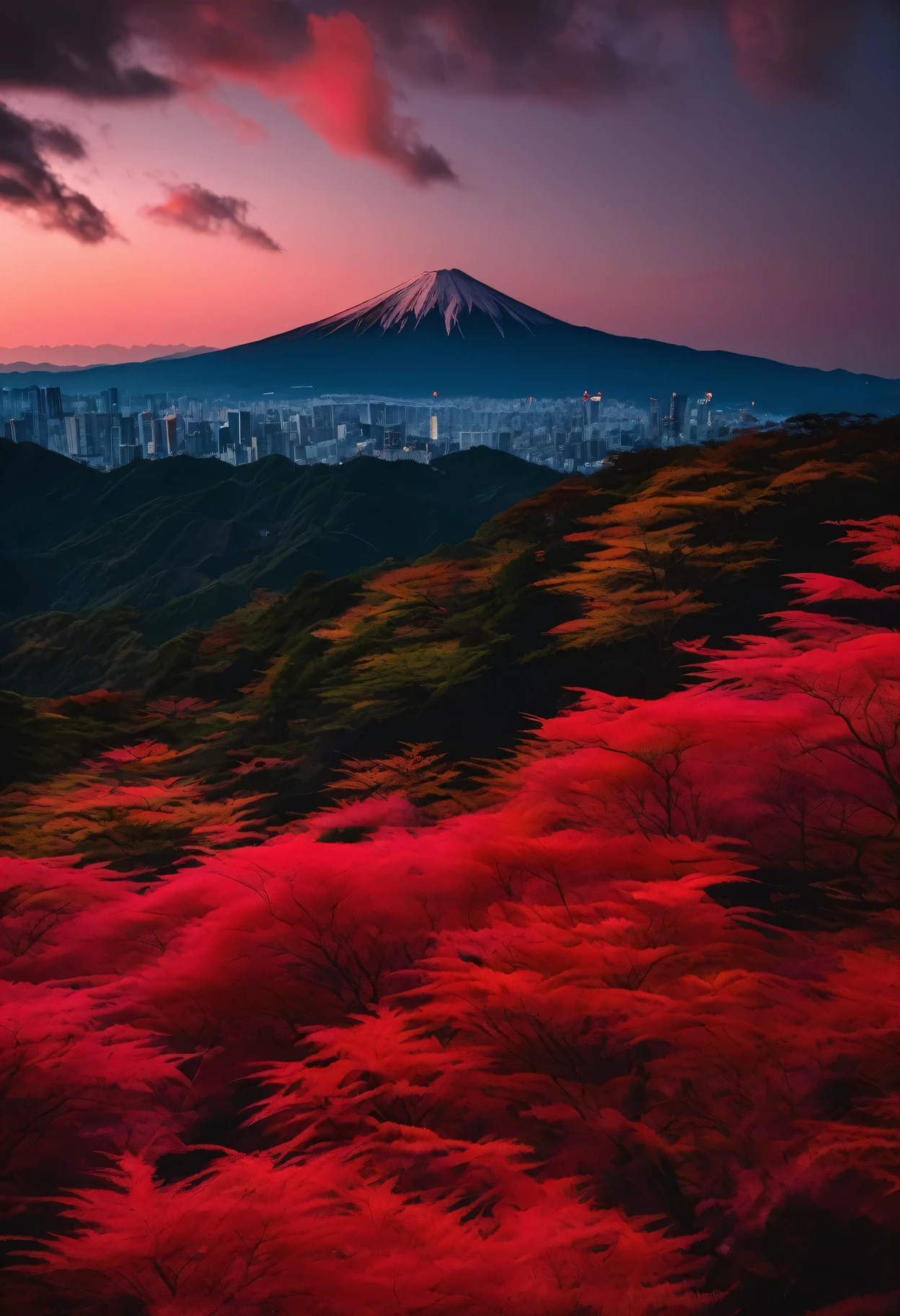 Mountains in Japan々Dusk of、The sky turned red at sunset、Black Cloud、It's autumn and the mountain leaves are shining redder.、Blood dripping sun、Images of fear、A composition that makes you feel scared、The greatness of the mountains、awe、Refuse everything、masterpiece、Thick brush strokes、Rough quality、High definition、