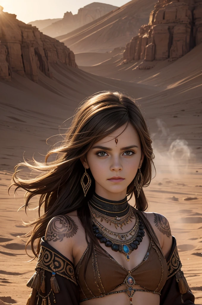 Emma Watson, Long Hair:2.0, “(best quality,4k,height,Masterpiece:1.2),very detailed,(realistic,photorealistic,photo-realistic:1.37),Portrait,desert, Rifle, Fine texture, tattoo, incredible light, bright colors, , intense stare, Long, flowing hair, , Intricate engraving, Shell casing, dynamic gesture, strong facial features, Eye piercing, desert sunset, rough terrain, smoke trail, Powerful gestures, intense shadow, dust particles, complicated jewelry, Tribal pattern"