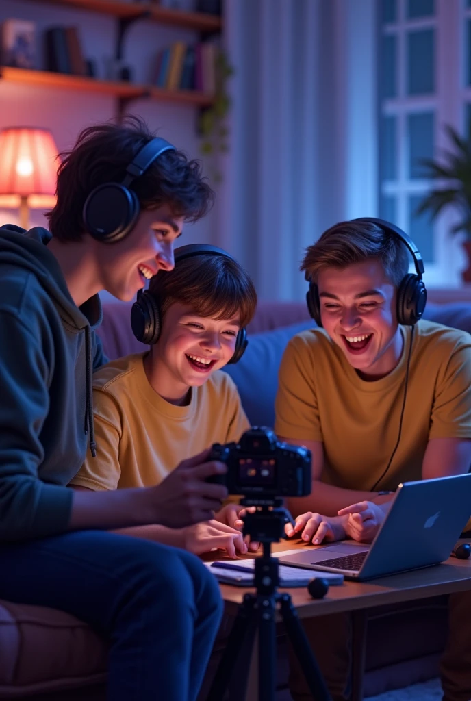 Teenagers setting up a camera in front of a gaming setup, laughing and talking animatedly, with a video editing software open on a laptop beside them."hyper-realistic, 8k, ultra hd,   Pixar style, Disney style, cinema 4d, --ar 3:2