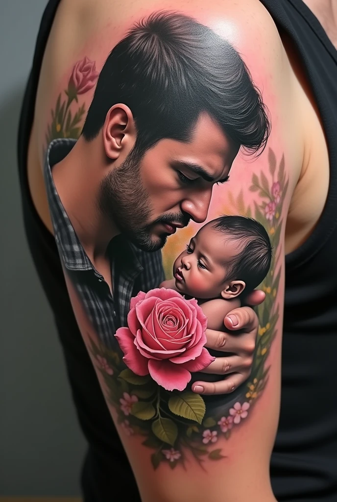 Tatouage homme en rapport avec sa fille qui s’appelle rose née le 10/03/2023 et en rapport au courage et à la détermination