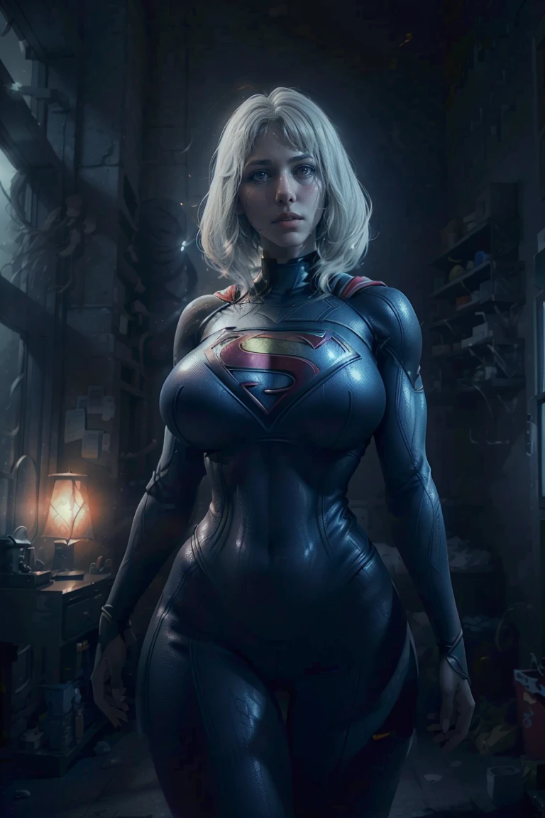 a beautiful girl with short white hair, wearing a tight supergirl costume with long sleeves, huge breasts,perfect body,wide hips (best quality,4k,8k,highres,masterpiece:1.2),ultra-detailed,(realistic,photorealistic,photo-realistic:1.37),hyper detailed facial features,extremely detailed eyes and face,longeyelashes,highly detailed costume,dynamic pose,action scene,moody lighting,cinematic composition,vibrant colors,