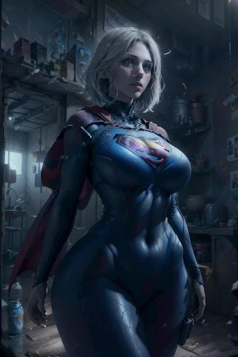 a beautiful girl with short white hair, wearing a tight supergirl costume with long sleeves, huge breasts,perfect body,wide hips (best quality,4k,8k,highres,masterpiece:1.2),ultra-detailed,(realistic,photorealistic,photo-realistic:1.37),hyper detailed facial features,extremely detailed eyes and face,longeyelashes,highly detailed costume,dynamic pose,action scene,moody lighting,cinematic composition,vibrant colors,