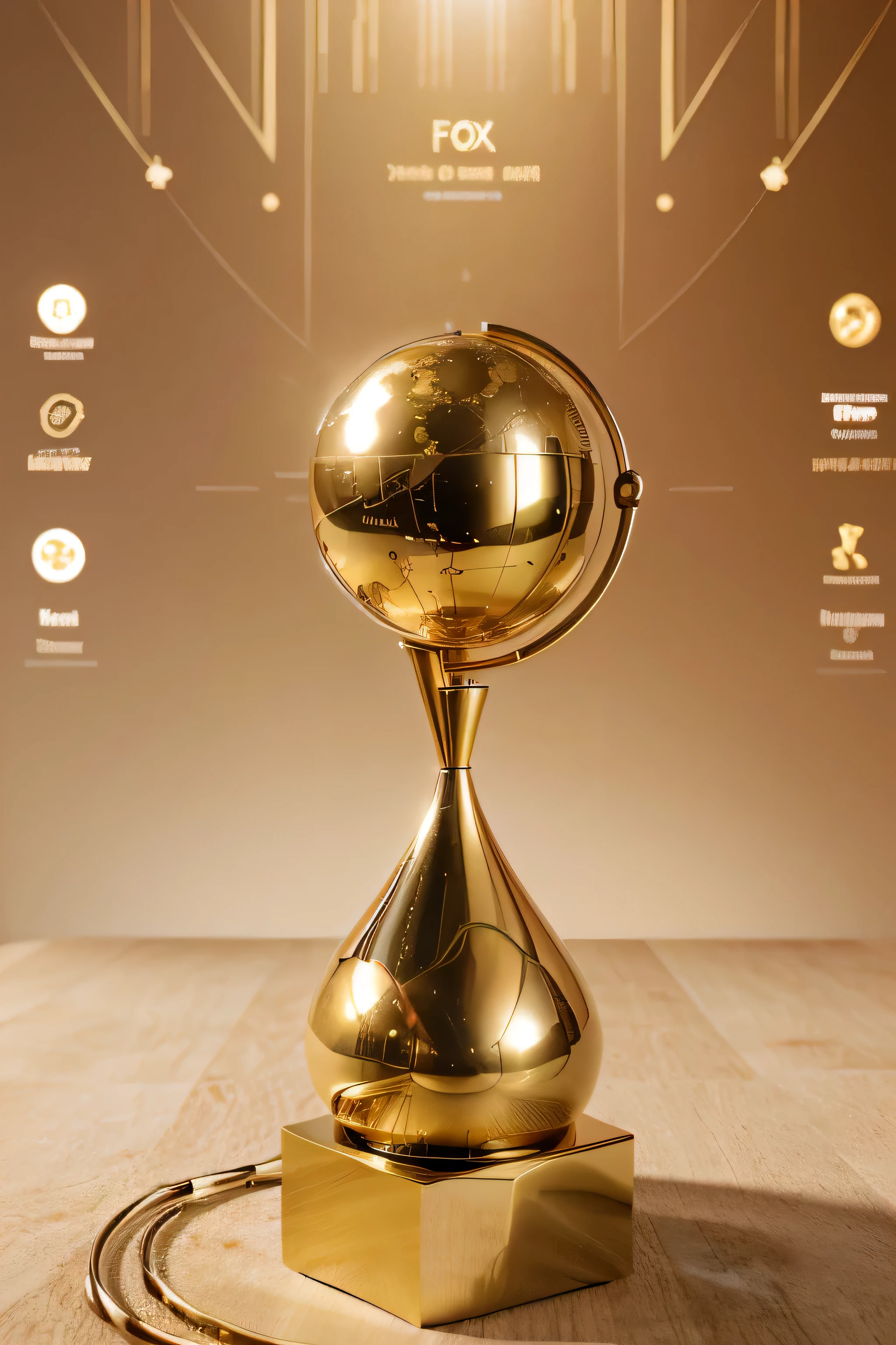 Forex investment competition poster, golden trophy in center, globe with trading symbols behind, trading charts floating around, clean minimalist background, finance, global, competition, sleek modern design style, Canon EOS R5 capturing intricate details, 24-70mm lens for a balanced composition, front view shot, light tone, energetic, mordern, youth