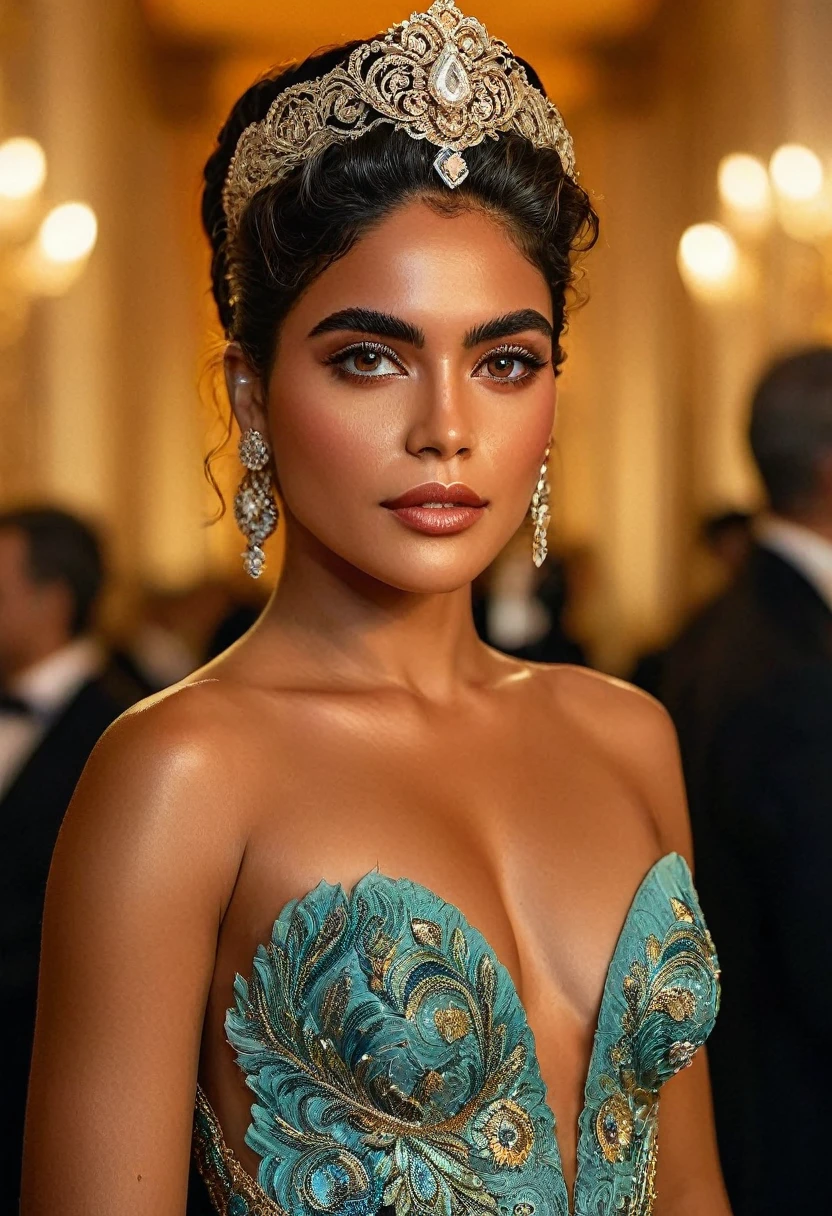 Stunning 35mm photo, ((perfect eyes)), (highly detailed skin), ((looking at camera)), 35mm, Hasselblad. capturing fashion-forward visuals, A half-body portrait of a stunning South American woman at a luxurious charity gala, dressed in an elegant, intricately designed gown with sparkling jewelry that highlights her wealth. She stands confidently in a grand ballroom with rich Brazilian architectural features, such as vibrant tiles and ornate carvings, while the soft lighting and elegant decor reflect the sophistication of the event,detailxl