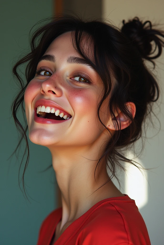 young woman, fine facial features, slim, with freckles, very flirtatious, emo punk hair style, expression of delight, excitement and pleasure