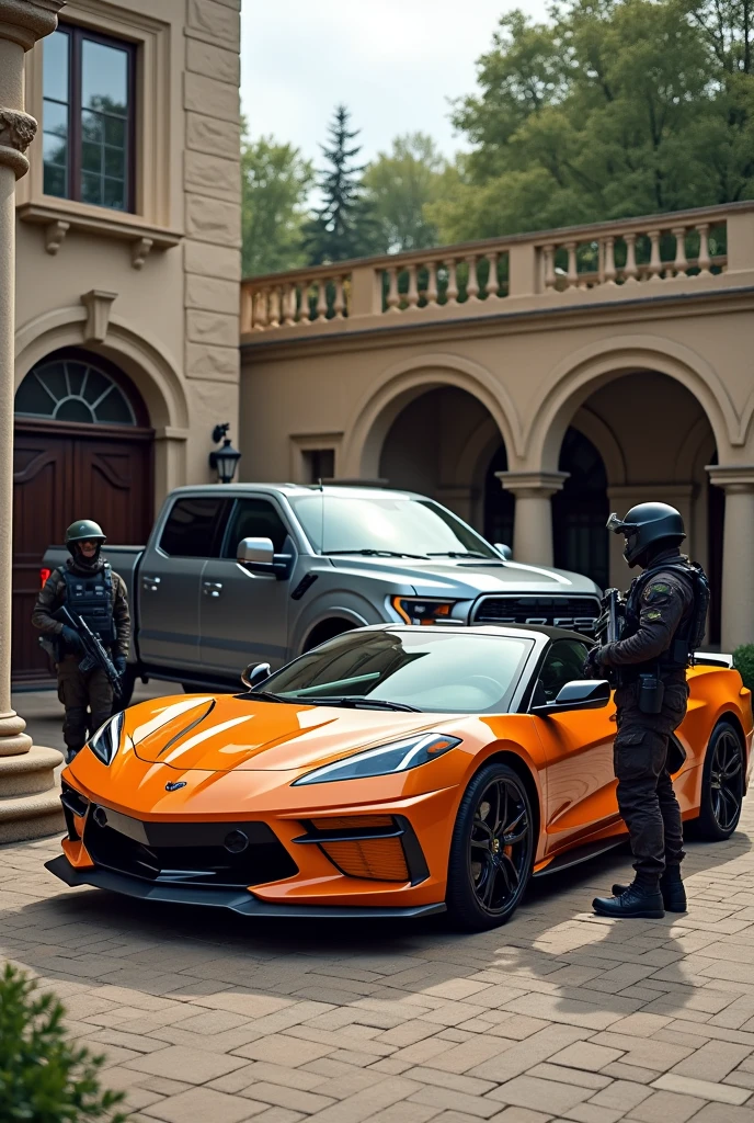 Photo of a gray Ford Raptor and an orange Corvette in a mansion with armed soldiers