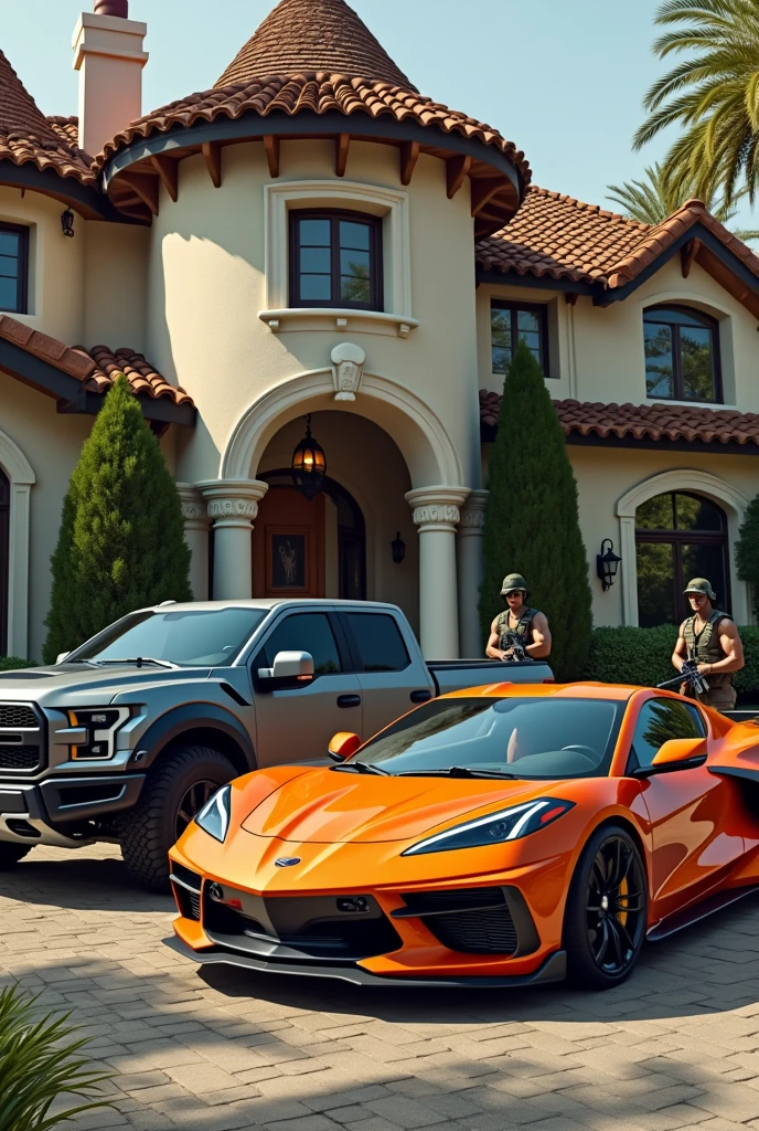 Photo of a gray Ford Raptor and an orange Corvette in a mansion with armed soldiers