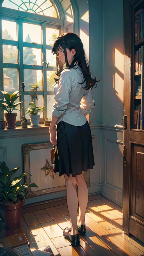 (1girl in), 20yr old, Detailed details, A dark-haired, length hair, (White underwear), White shirt, In front of a large window, (Stand facing the window), plays the guitar, posterior view, inside in room, Hardwood flooring, bookcase, houseplant, Big clouds outside the window, portlate,Evening glow