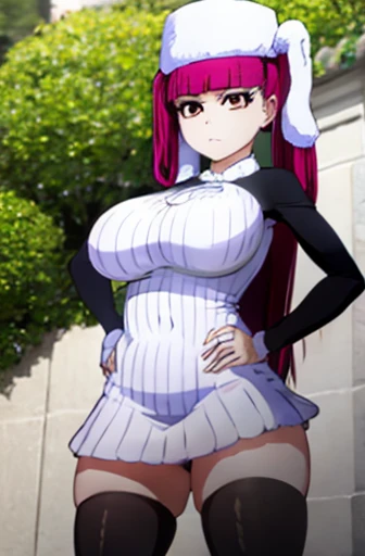 (masterpiece, Detailed Image,detailed picture) Sexy Riruka Dokugamine in her dress and hat, bleach girl, top quality, 16 thousand, ultra-detailed, black stockings, girl stands posing with her hand on her waist, beautiful Riruka Dokugamine, Big breasts, bitch face, attention to the tight stockings, girl in full growth