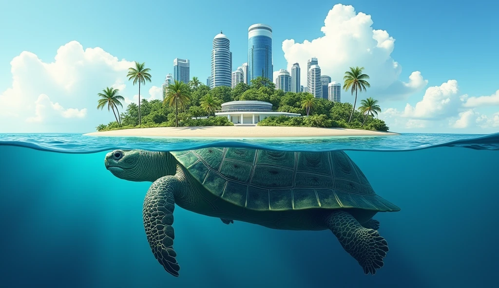 Create a surreal and imaginative scene of a massive tortoise swimming gracefully in the ocean. The top half of its shell is transformed into a small city, where modern architecture blends with nature. The city features sleek buildings, lush palm trees, patches of greenery, and a sandy beach along the edges. Prominently placed on the cityscape is a water purifier tank, symbolizing the source of clean water for the inhabitants. The water surrounding the tortoise is crystal clear, allowing a full view of its majestic body submerged beneath the surface. The underwater scene should include realistic reflections of the city above and the serene, calm waters. The sky overhead is a bright, clear blue, dotted with fluffy white clouds, enhancing the dreamlike quality of the scene.