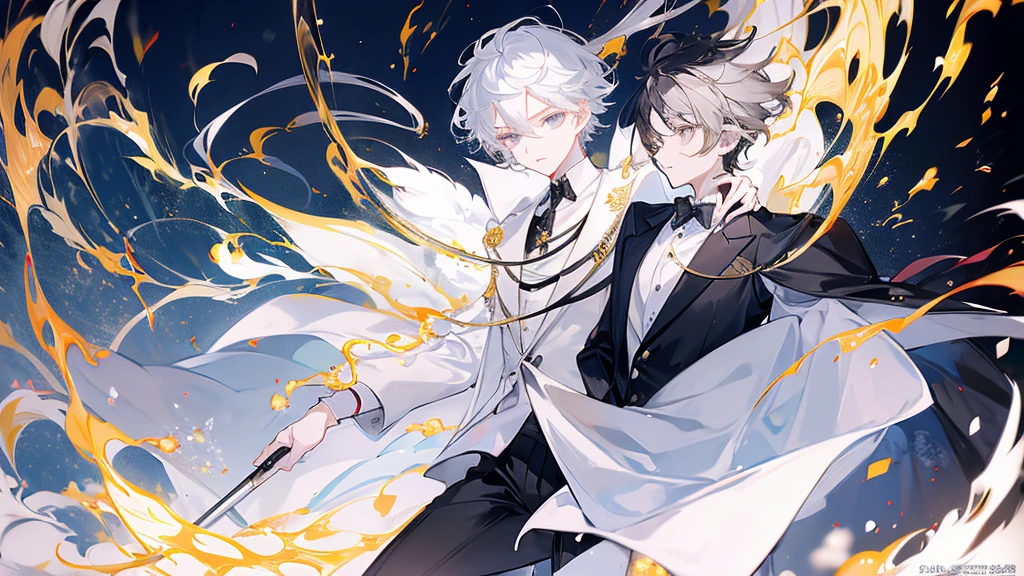 24-year-old boy, Mature appearance, Jet black short hair, Grey Eyes, White shirt, A long black suit like a cape, with golden elements, masterpiece, high quality